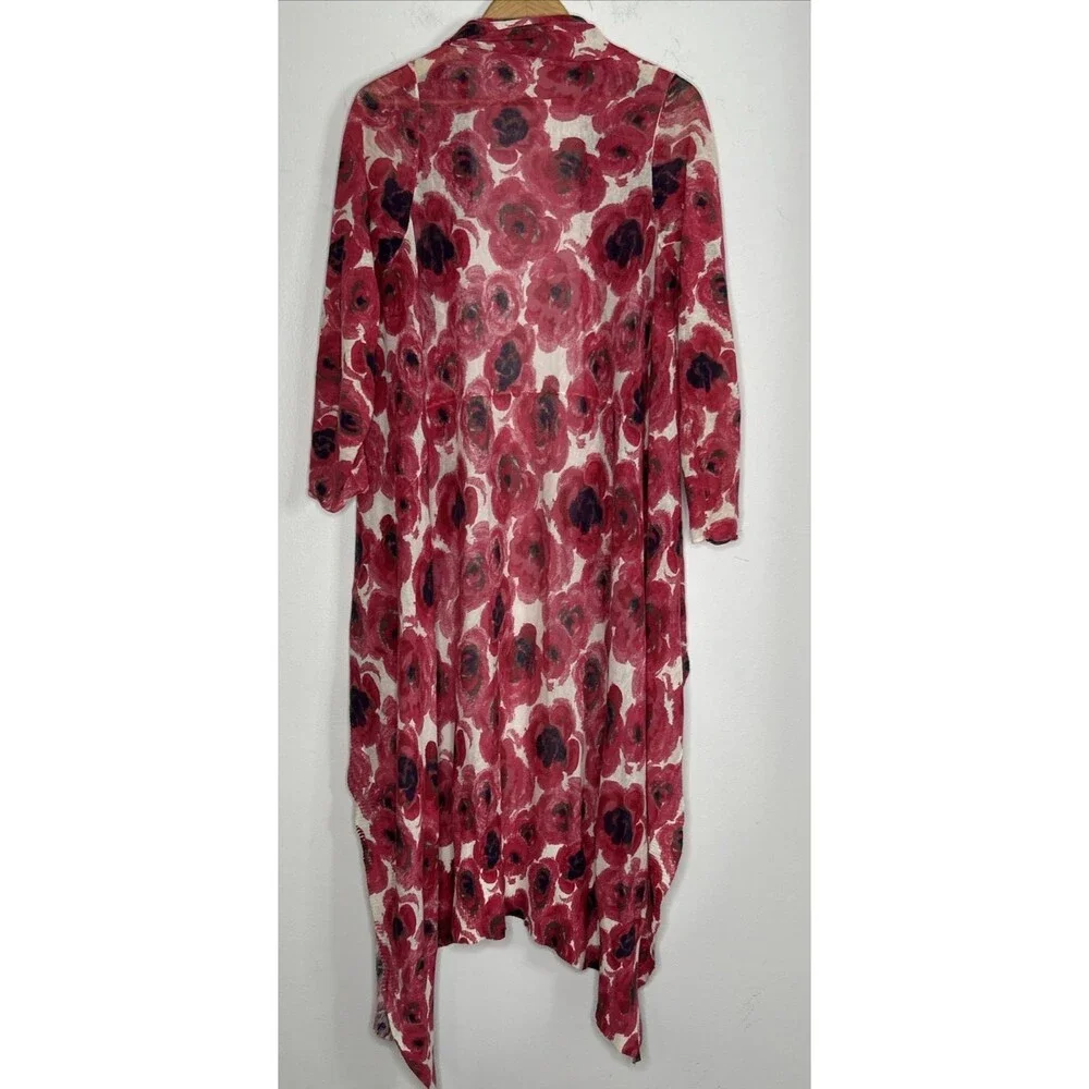 Garnet Hill Open Front Duster Cardigan Waterfall Linen Blend Pink Floral Bohemia